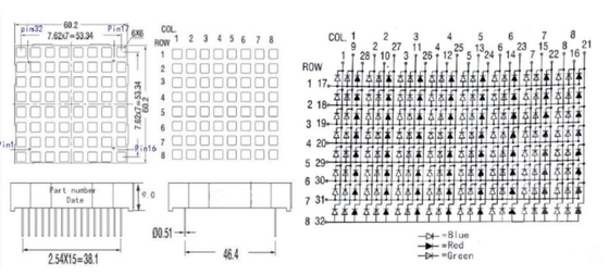 60X60mm 케케묵은 8X8 도트 RGB 발광 2 극 소자 행열 디스플레이 도트 매트릭스는 이르렀습니다
