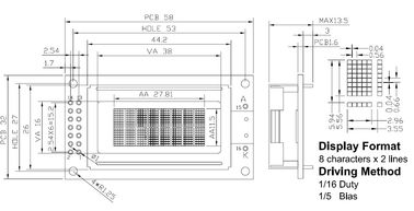 전문적 8x2 캐릭터 LCD 디스플레이 모듈 백색 LED 백라이트 RYB0802A