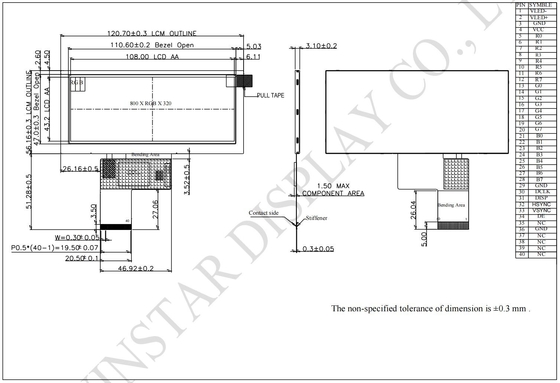4.6'' 800*RGB*320 LCD 모듈 TFT 전송 12H 바 타입 Winstar 교체