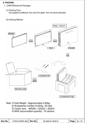12.1'' 산업용 TFT LCD 1280*800 RGB 삼성 모니터 디스플레이 LTN121AP05-302 고 콘트라스트