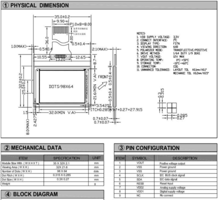 98*64 St7549 I2c 인터페이스와 함께 그래픽 LCD 모듈