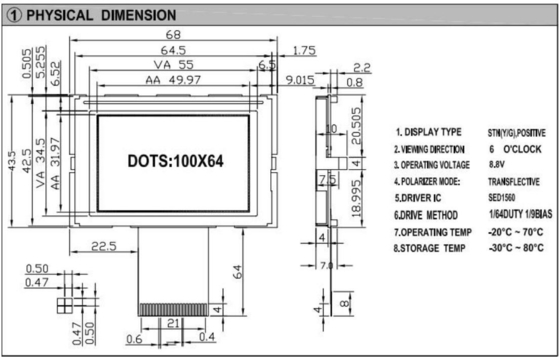 100*64 그래픽 LCD 모듈 STN 6H SED1560 와 함께 넓은 온도 노란색 녹색 디스플레이 사용자 정의