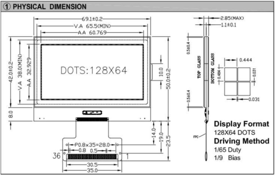128*64 그래픽 LCD 모듈 FPC 인터페이스 ST7565 3.3v 광 온도 산업 디스플레이