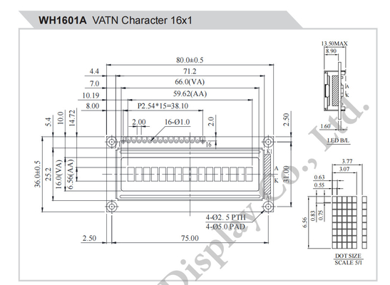 16*1 문자 모노크롬 SPI 인터페이스 넓은 온도 VATN LCD 모듈