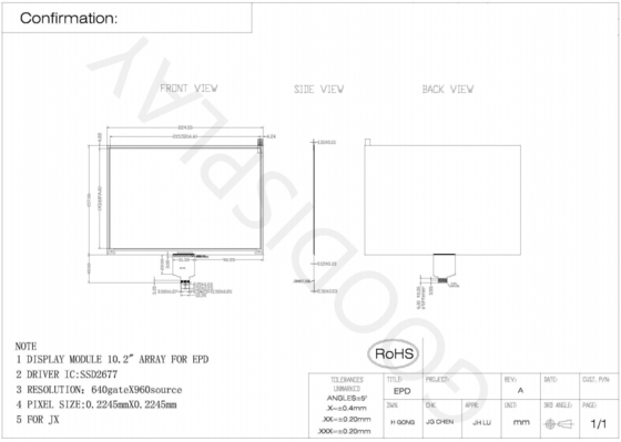10.2' 4 색상 640*960 E-파퍼 디스플레이 SSD2677 기반 EPD