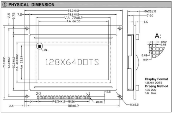 20PIN 커넥터 128*64 그래픽 LCD 모듈 모노크롬 STN 색상 백라이트 선택