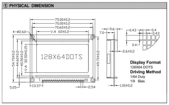 128*64 그래픽 LCD 모듈 색상 옵션 20 PIN AT0107/AT0108 STN 광 온도 디스플레이 산업용