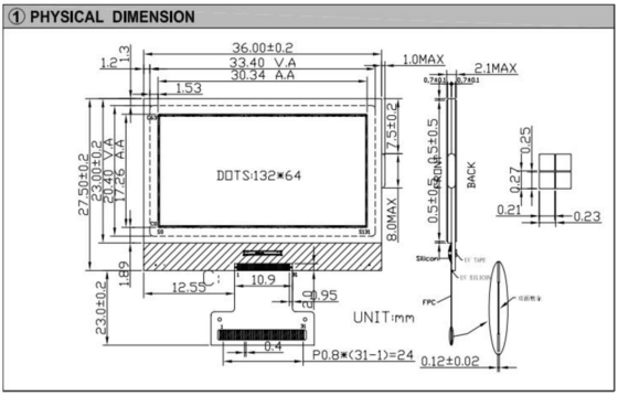 132*64 그래픽 LCD 모듈 FSTN NT7534 FPC 커넥터 산업용 디스플레이 3.5v