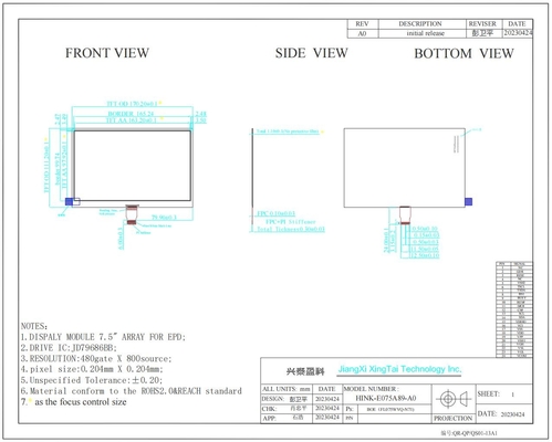7.5'' 800*480 EPD HINK-E075A89 JD79686BB 전자 선반 라벨 시스템의 작은 MOQ