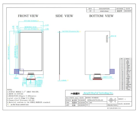 3.7'' EPD 240*416 4 일렉트로닉 셰프 라벨 시스템을 위한 컬러 전자 종이 디스플레이