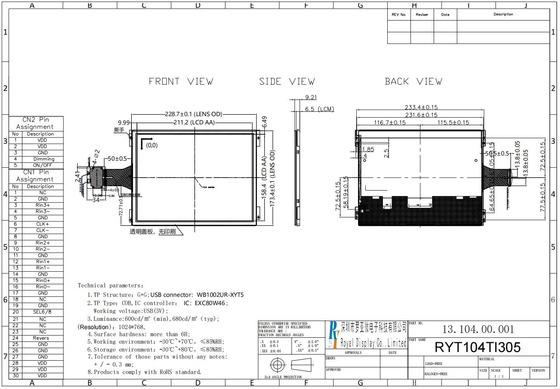 10.4'' TFT 1024*RGB*768 넓은 온도 LCD 터치 모듈