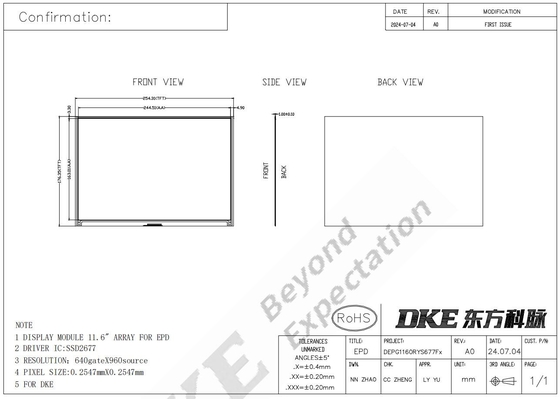 11.6'' 4 색상 960*640 TFT MCU 고 콘트라스트 인터페이스 E-파피 디스플레이 EPD