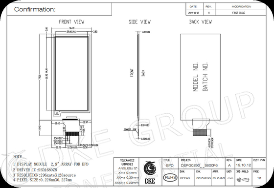 2.9'' 296*128 액티브 매트릭스 MCU 인터페이스 E-Paper 디스플레이 EPD