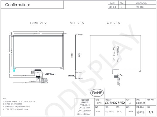 7.5' 480*800 4 컬러 JD79665AA E-paper 디스플레이 EPD