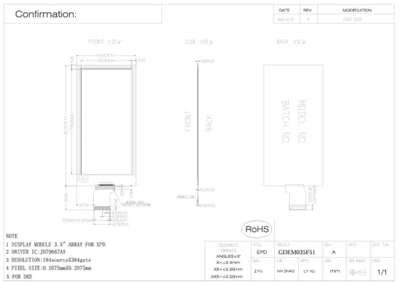 3.52' 4 컬러 384*184 Jd79667AA E-Paper 기반 EPD 디스플레이