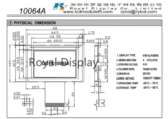 100X64 STN 사실적 LCD 모듈 8.8V 단색 COB FSTN 긍정